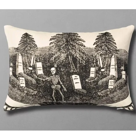 JOHN DERIAN rest in peace skeleton graveyard rectangle throw pillow